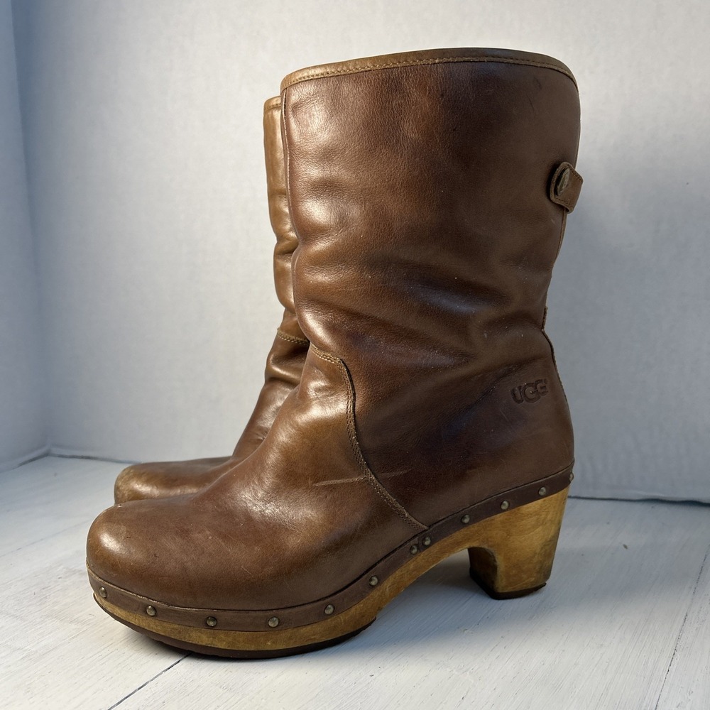 UGG Clog Boots‎ Women 8 Brown Excellent Leather Shearling Studded 290